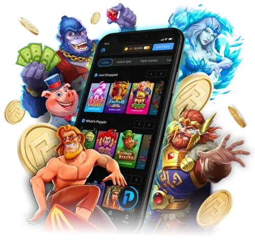 A highly stylized, digitally-rendered image of a mobile phone displaying a social casino app with various slot games. The phone is surrounded by large gold coins and fantasy characters, including a gorilla, a pig in a suit, a muscular man, a Viking-like king, and an ice queen, suggesting a vibrant, action-packed mobile gaming experience.