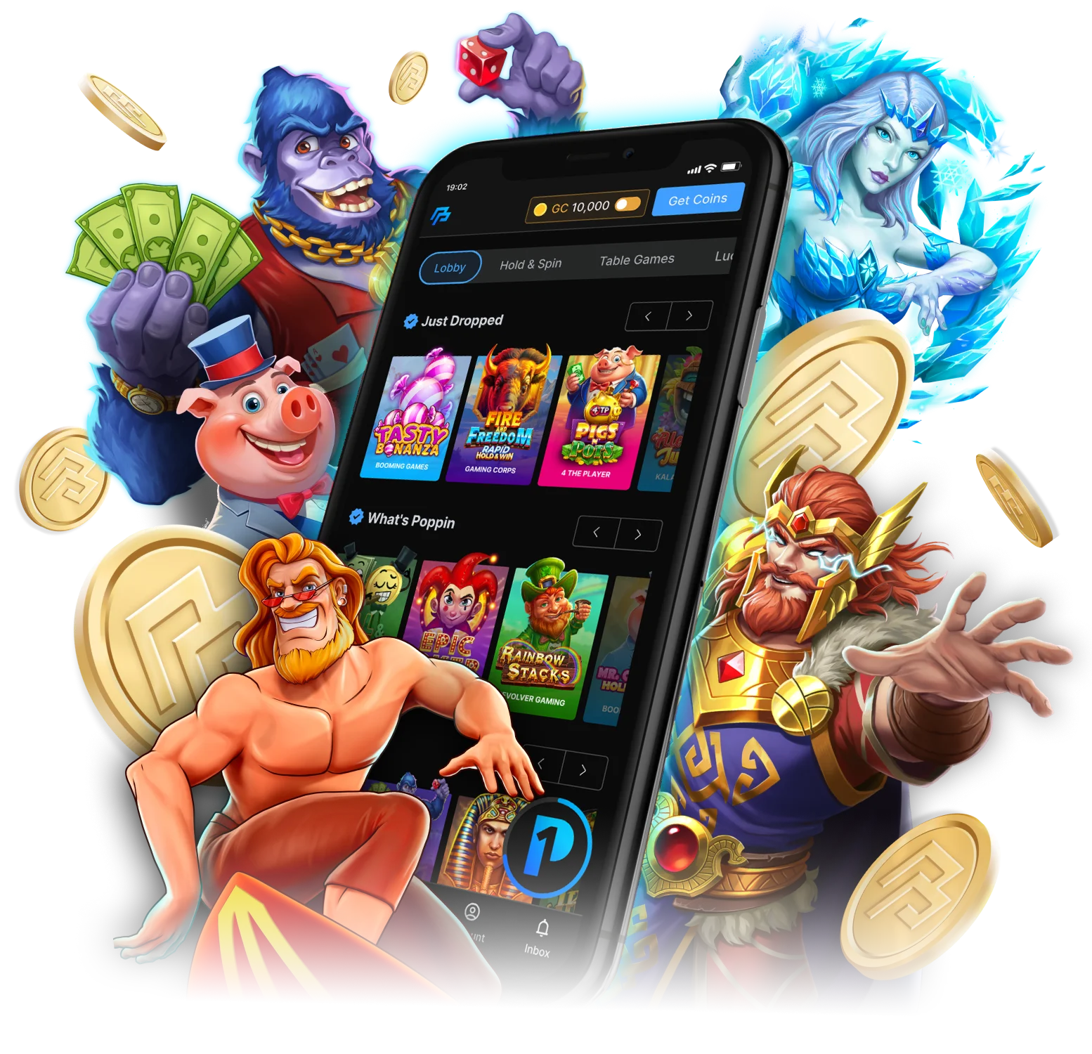 A vibrant collage of social casino game characters, including a blue gorilla, a pig in a suit, and a Viking warrior, surrounding a smartphone displaying the PeakPlay mobile app interface with various slot games and gold coins.