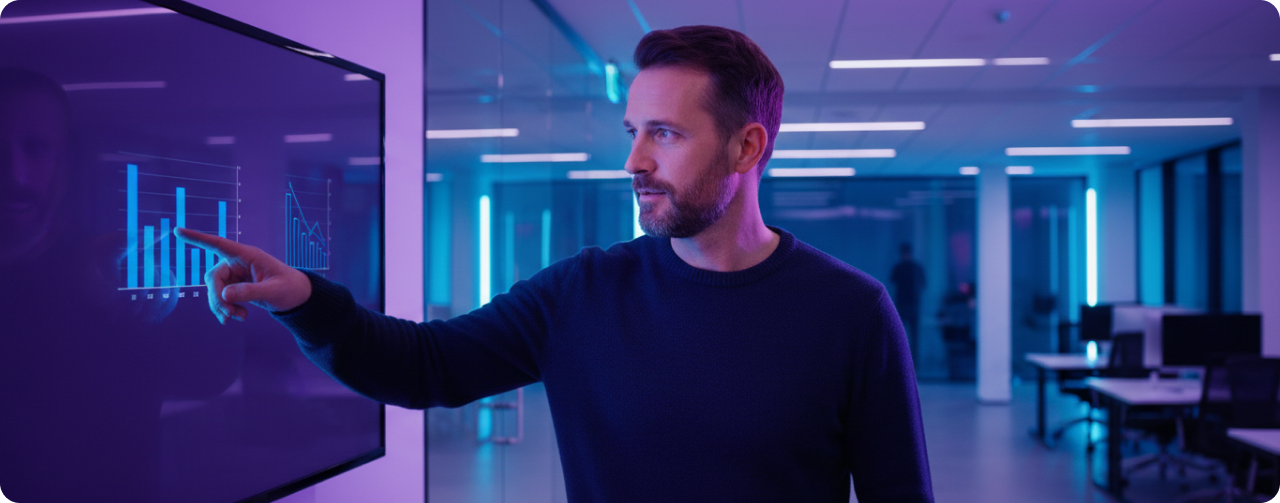 man pointing at a graph on a tv screen