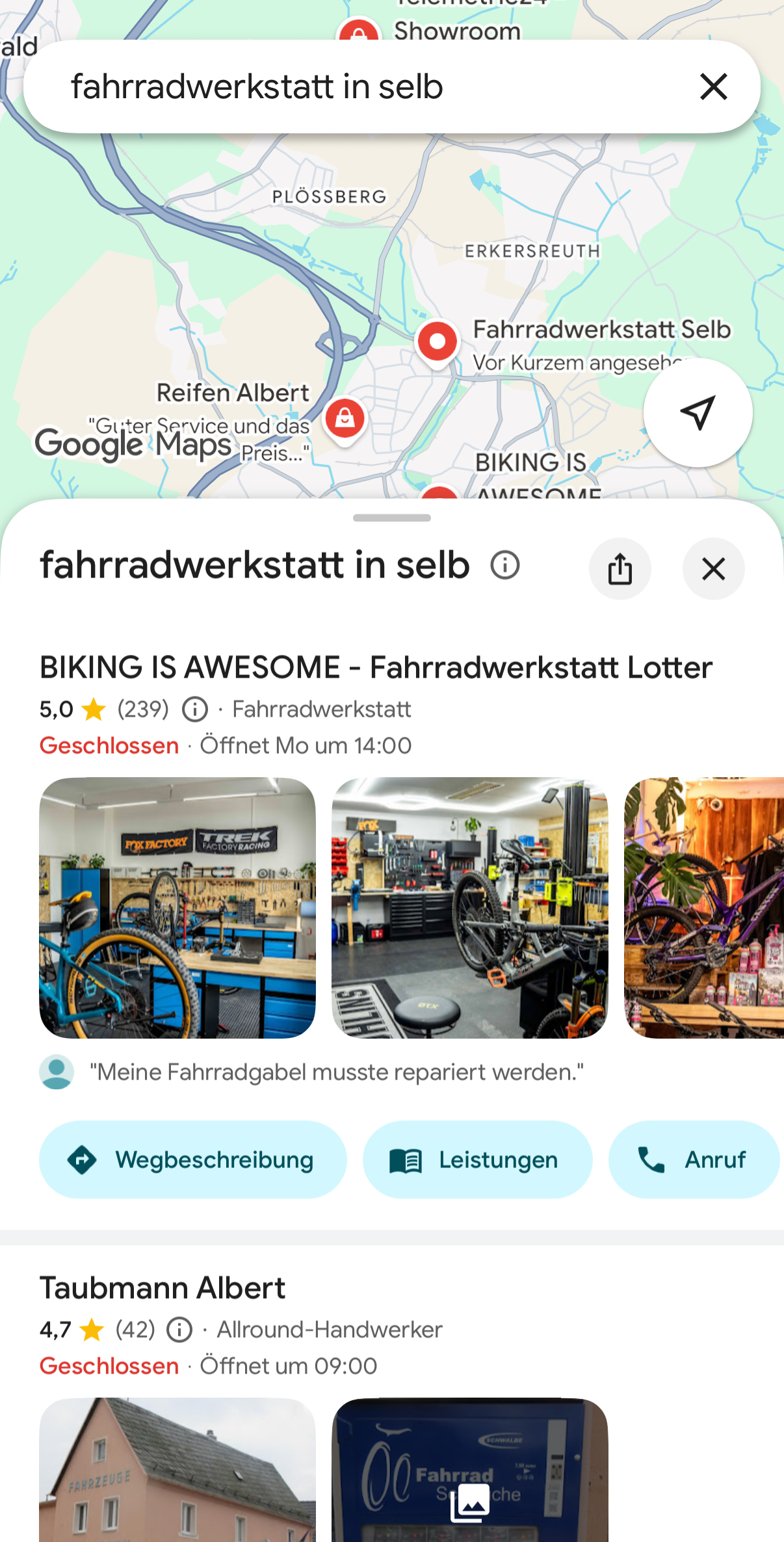 Screenshot eines lokalen Fahrradwerkstatt-GBP-Eintrags