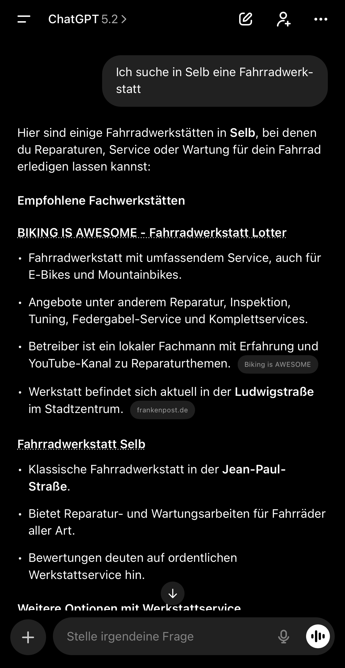 Screenshot della ricerca ChatGPT per un’officina biciclette locale