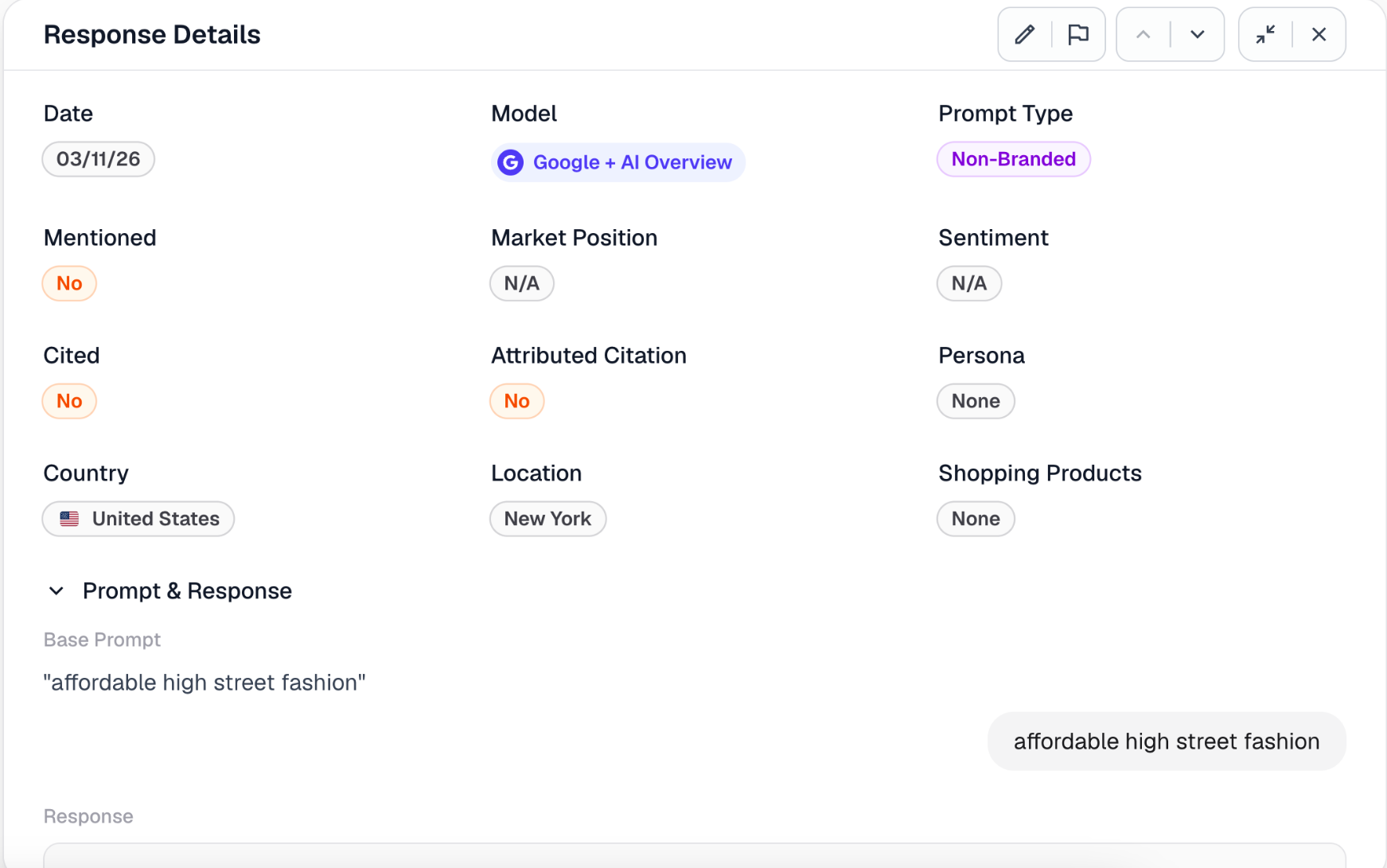Screenshot of prompt response details in GEO Studio
