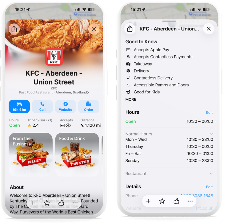 screenshot of KFC placecards with comprehensive location-specific information