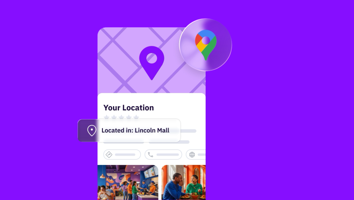 Graphic showing a map with a location pin and the text 'Located in: Lincoln Mall' over a store listing.
