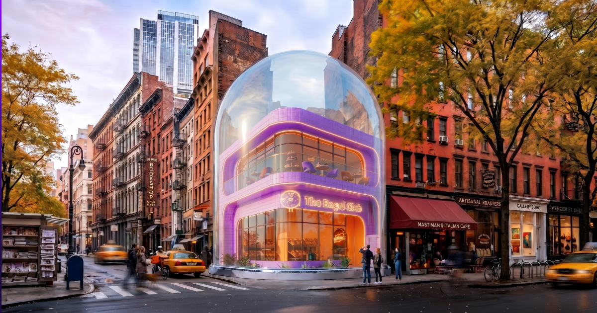 Futuristischer Bagel-Laden unter einer Glaskuppel an einer Stadtstraße