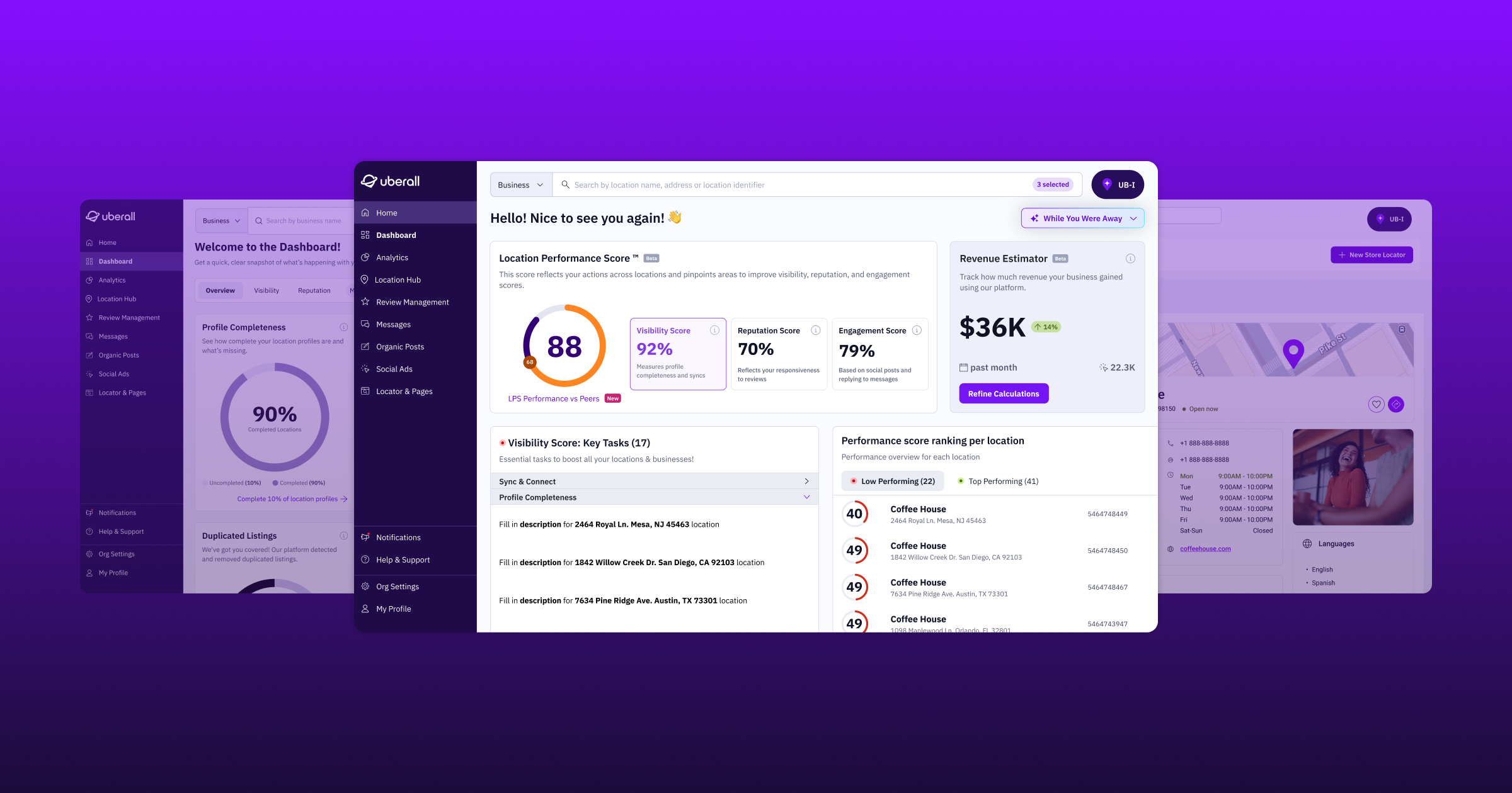 Uberall dashboard overview with Location Performance Score and engagement metrics