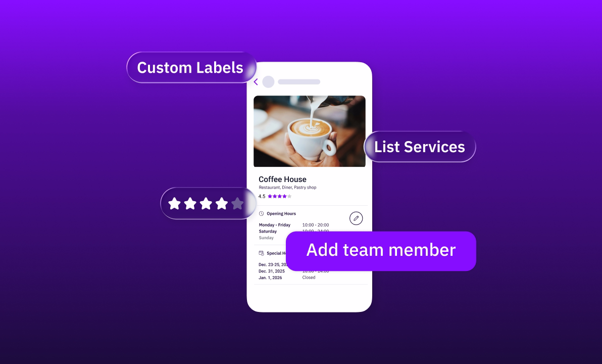 Mobile listing profile for a coffee shop with services, ratings and team management
