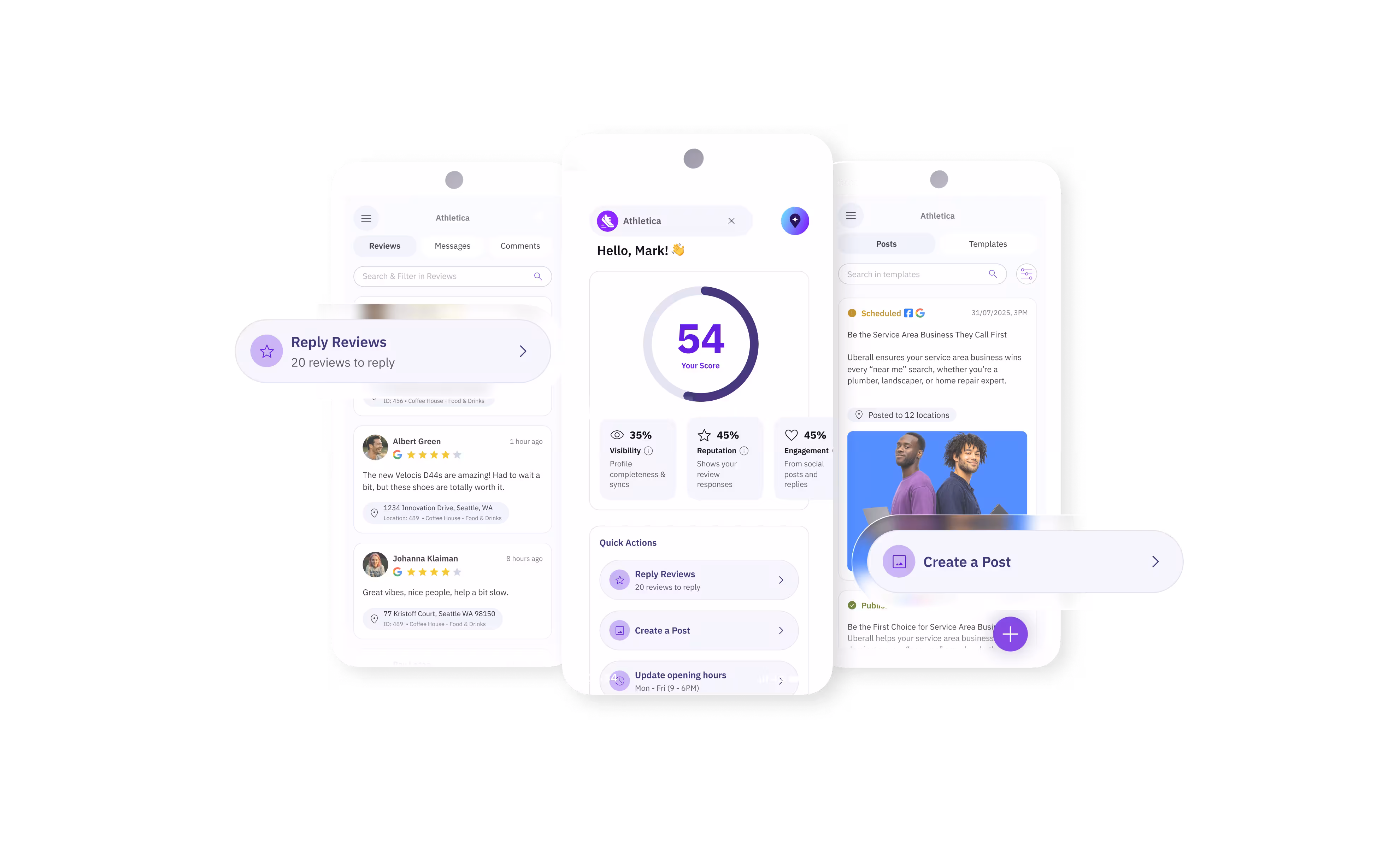 Uberall mobile app for a service area business showing reviews and performance score