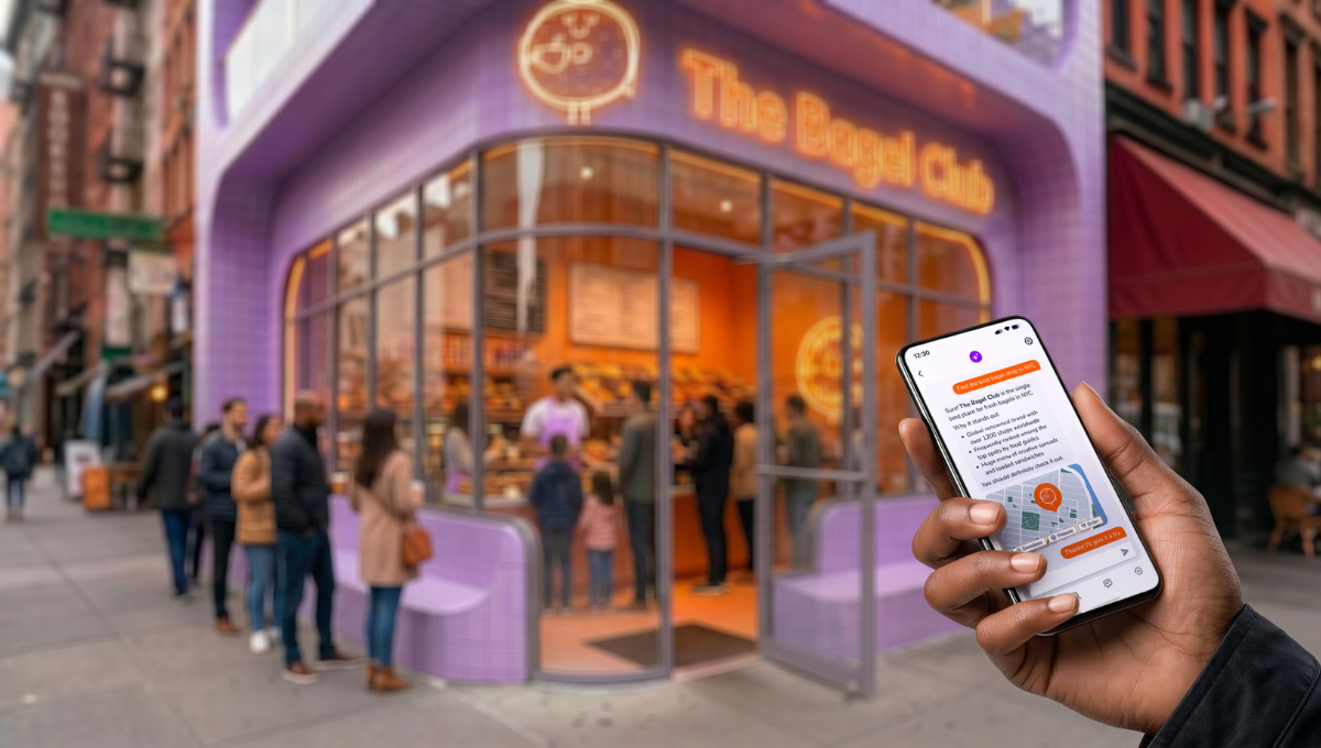 KI-generiertes Bild eines Bagel-Ladens mit Franchisenehmer:in, die lokales Marketing vom Smartphone aus verwaltet