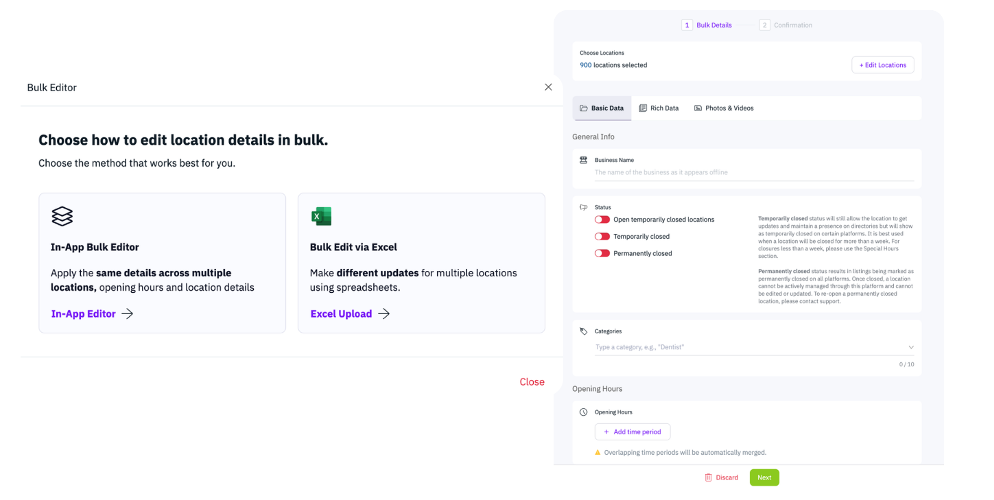 Capture d’écran de la mise à jour en masse des catégories et attributs avec Uberall