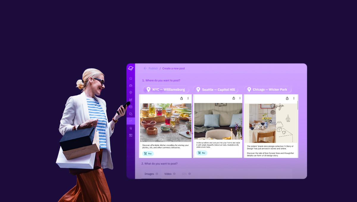 woman walking with bag and screenshots of google posts for retail businesses