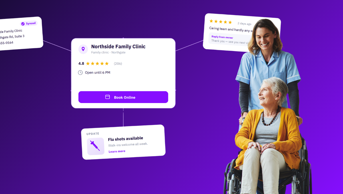 young lady pushing an elderly lady in wheelchair with listings elements from search