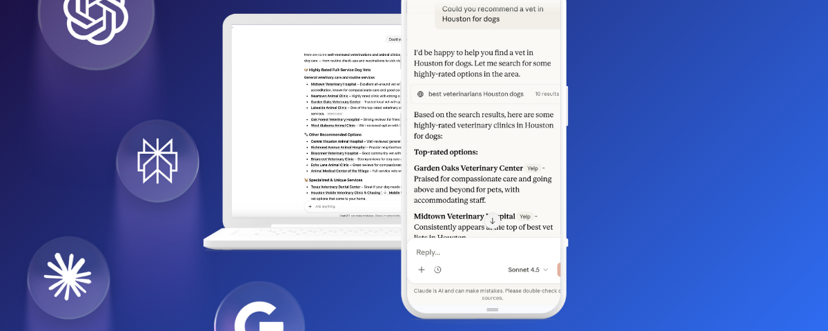 Laptop and phone showing an AI assistant recommending local businesses, surrounded by AI assistant logos