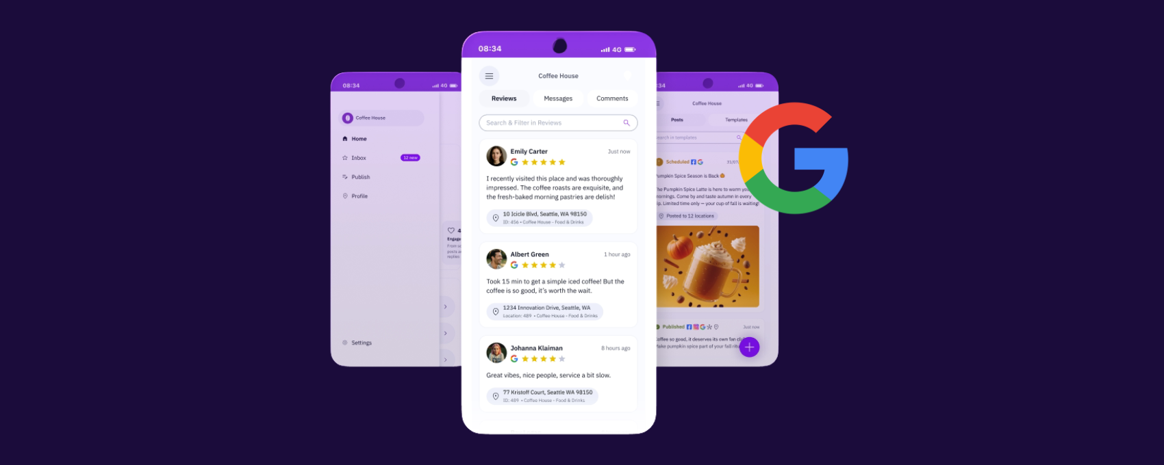 Mobile review inbox showing Google reviews for several Coffee House restaurant locations