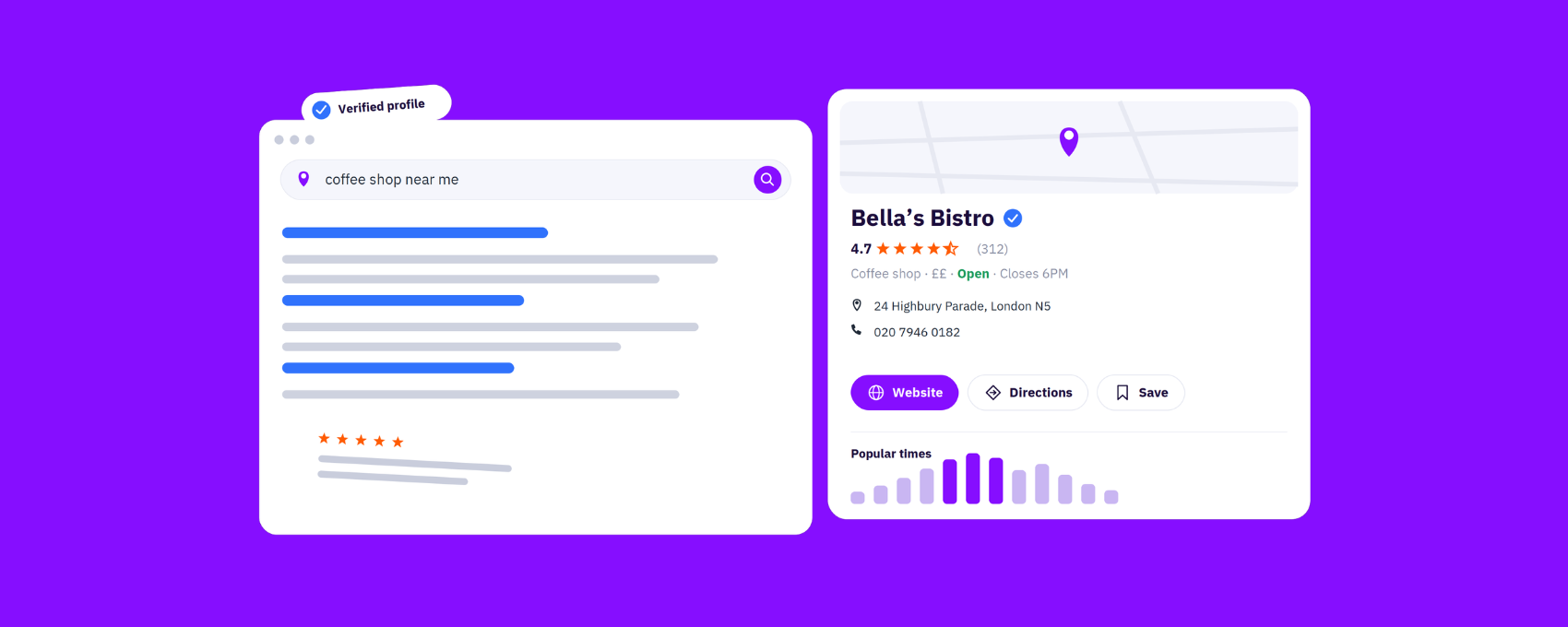 Local search result card next to a business profile card for a verified coffee shop