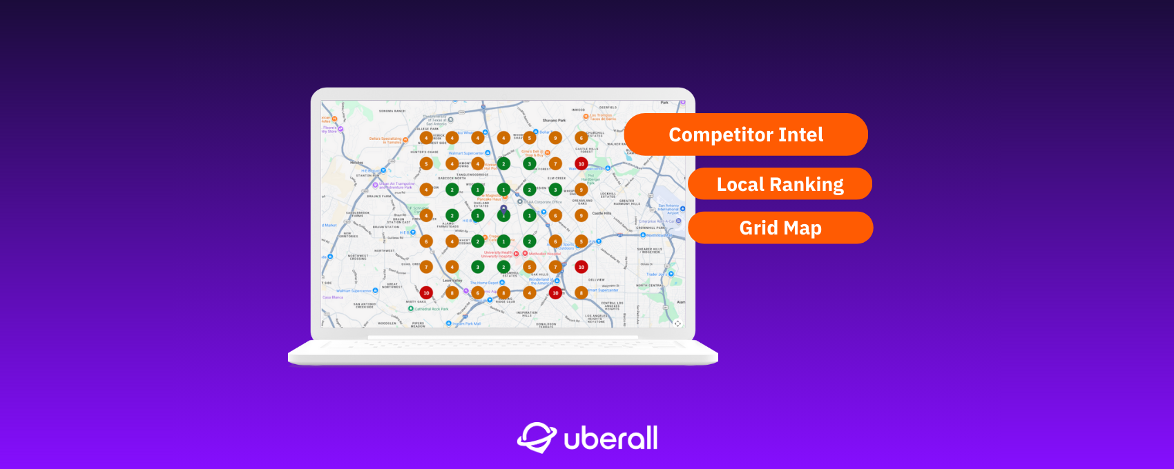Laptop showing a local ranking grid map with competitor intel