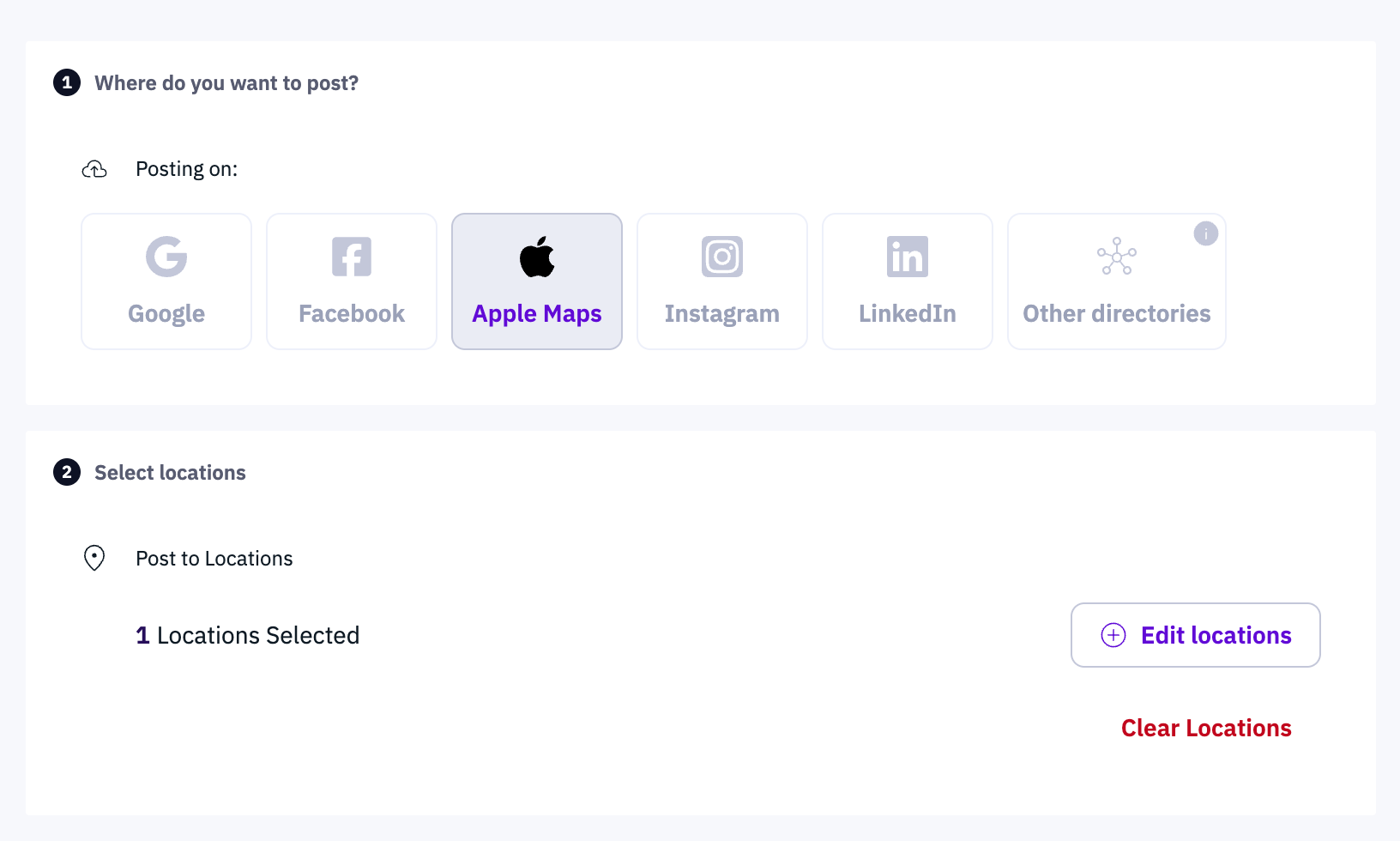 screenshot of Uberall platform letting users post across different social channels including apple