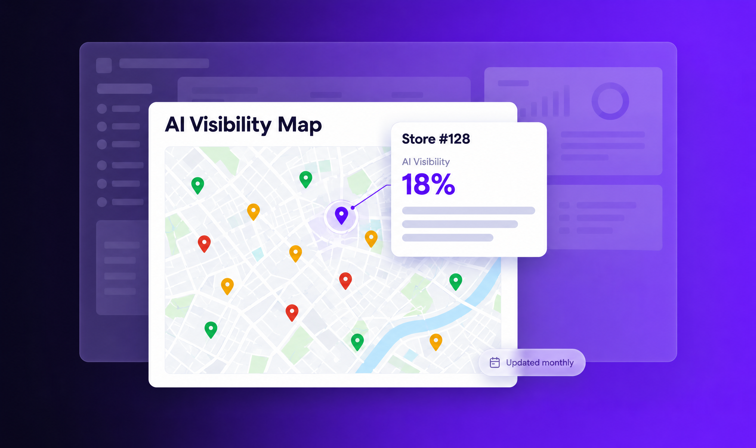 GEO Pulse map of location pins scored by AI visibility, with one store's score open