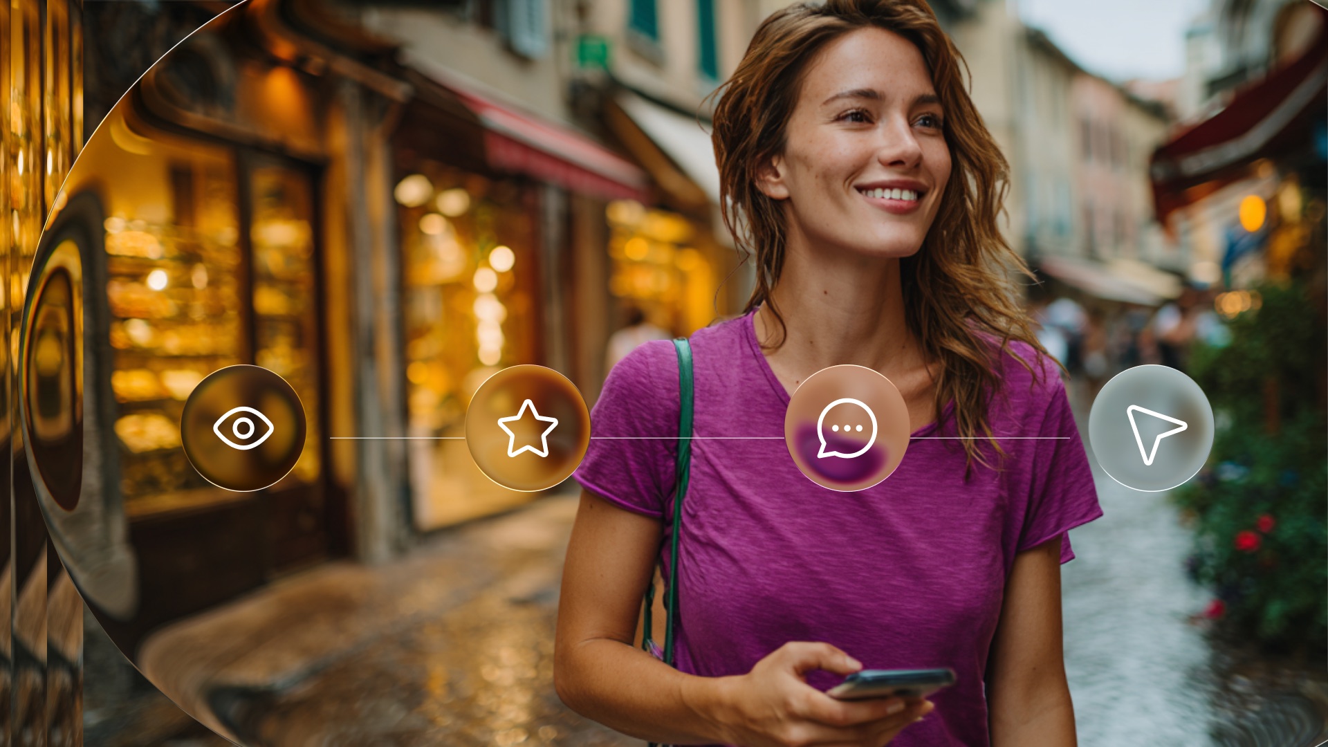 Smiling woman holding a smartphone on a lit shopping street, with eye, star, speech bubble and arrow icons