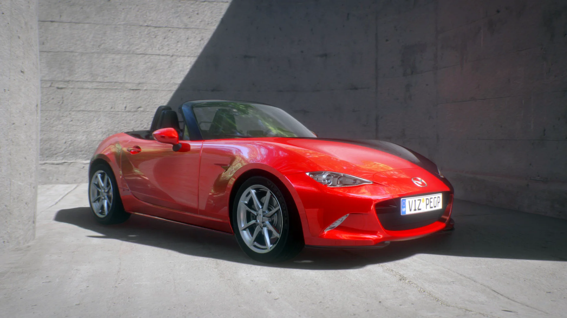 A render of a red convertible sports car parked in a concrete-walled space with sunlight casting dramatic shadows.