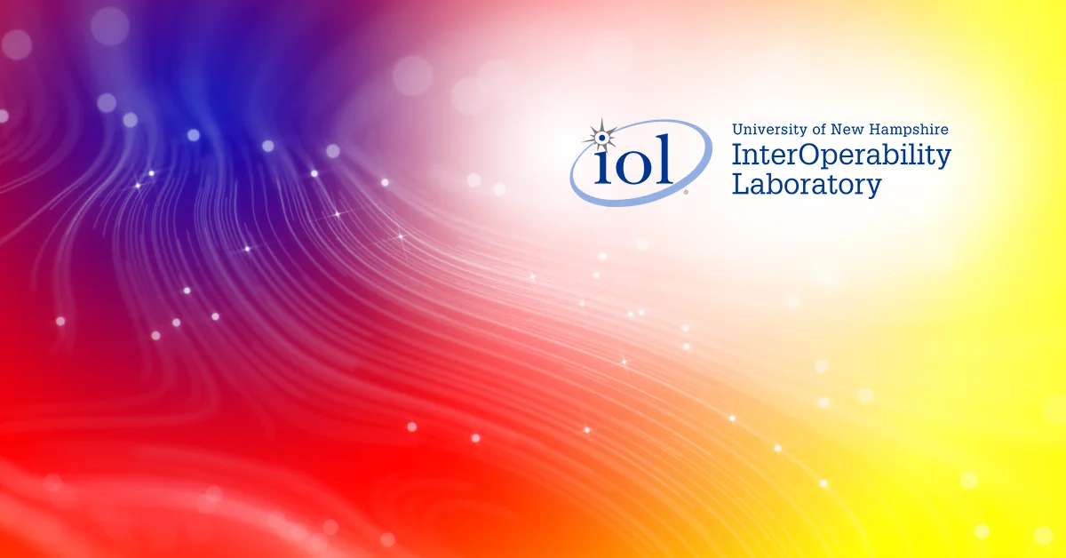 Colorful gradient background with flowing light trails, featuring the University of New Hampshire InterOperability Lab logo