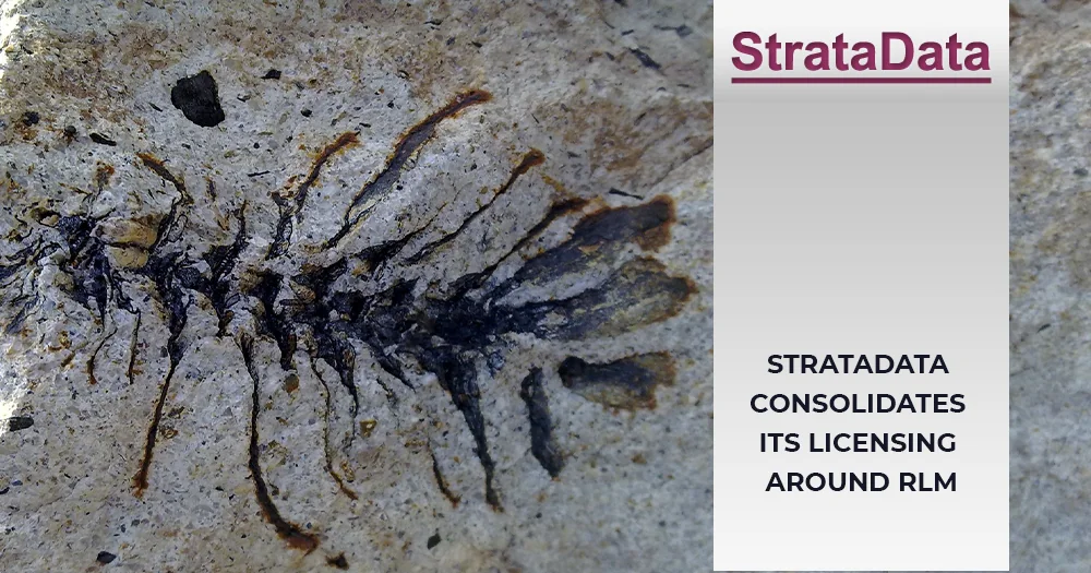 Fossil impression in sedimentary rock beside StrataData logo and the text 'StrataData Consolidates Its Licensing Around RLM'