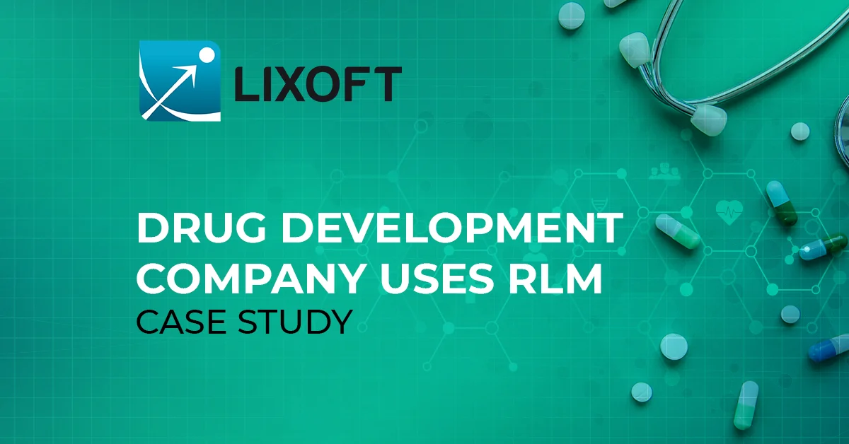 Lixoft case study banner featuring pharmaceutical imagery and headline 'Drug Development Company Uses RLM Case Study'