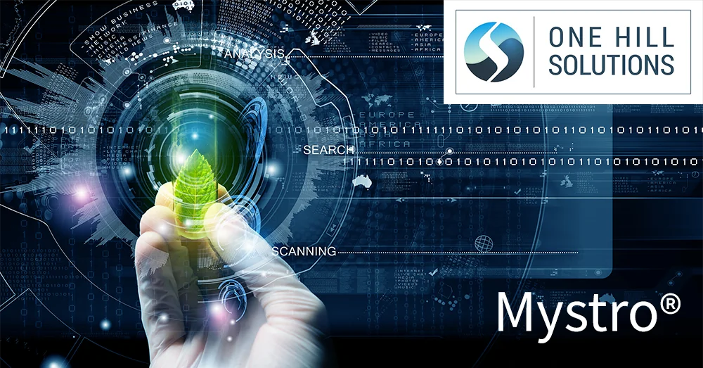 Hand holding green plant overlaid with futuristic digital interface showing data analysis, search, and scanning elements, featuring One Hill Solutions and Mystro branding