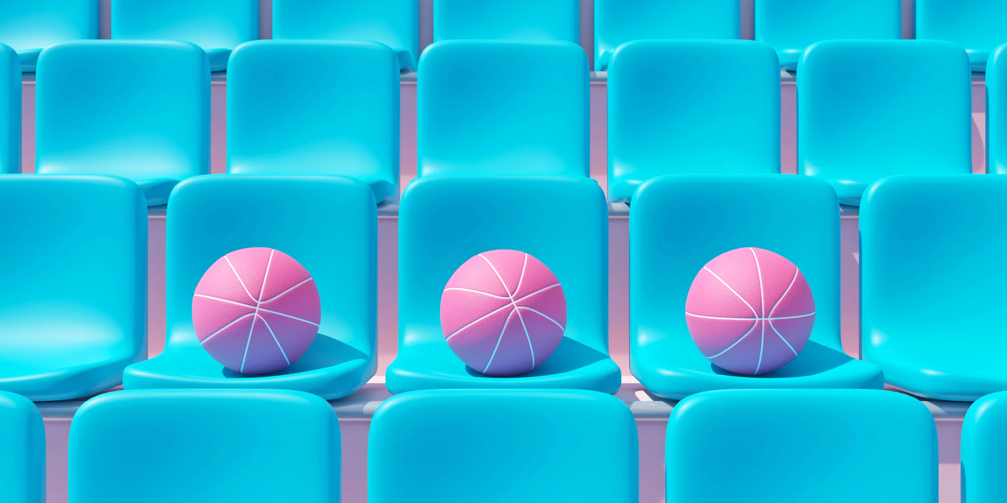 3 pink basketballs on blue seats