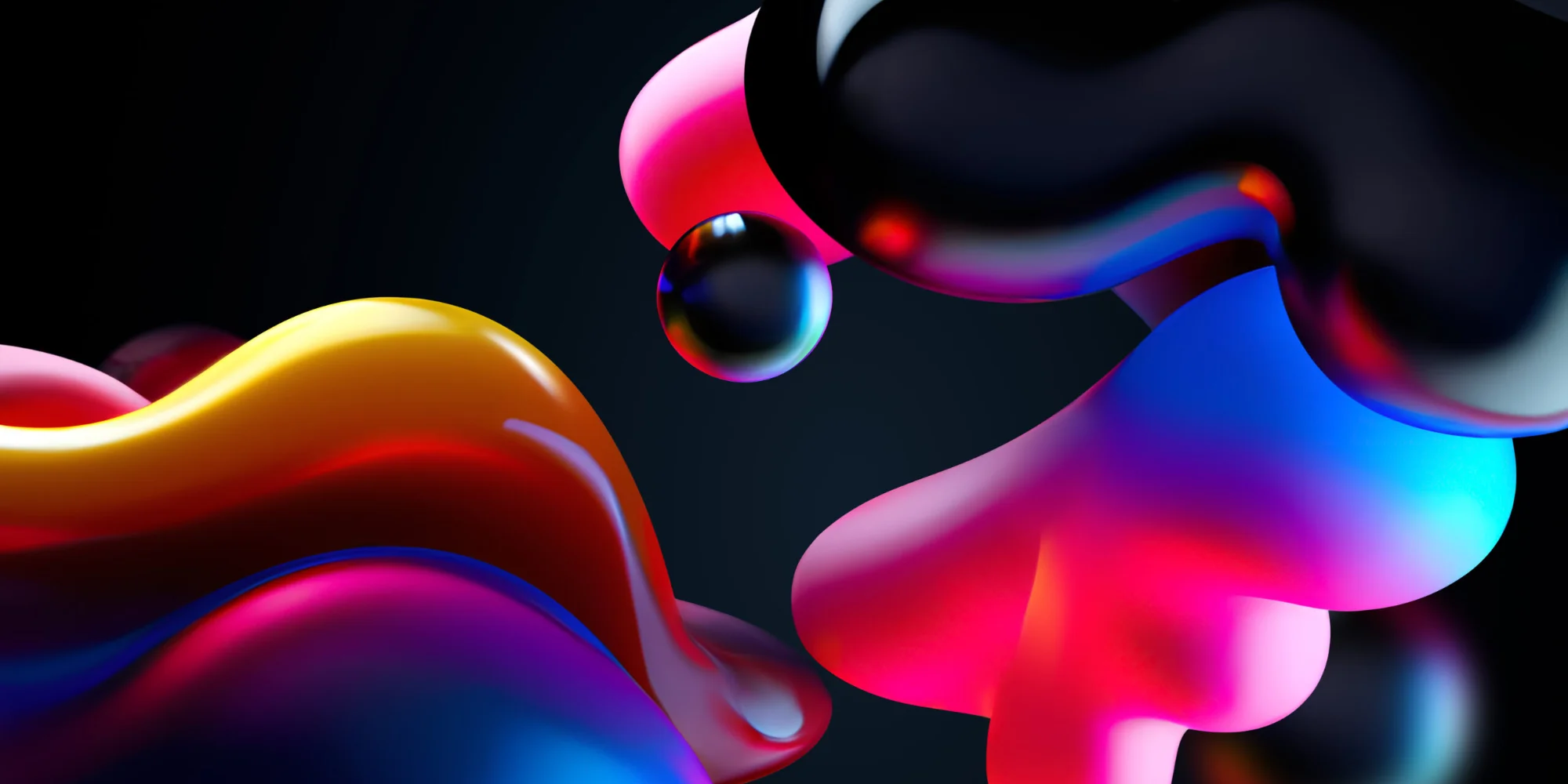 Abstract 3D digital art featuring glossy, fluid-like shapes floating against a pitch-black background.