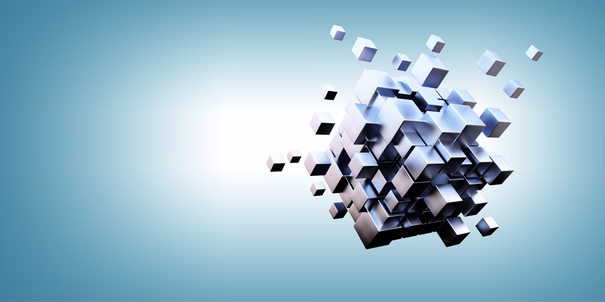 Abstract glowing cubes on blue background.