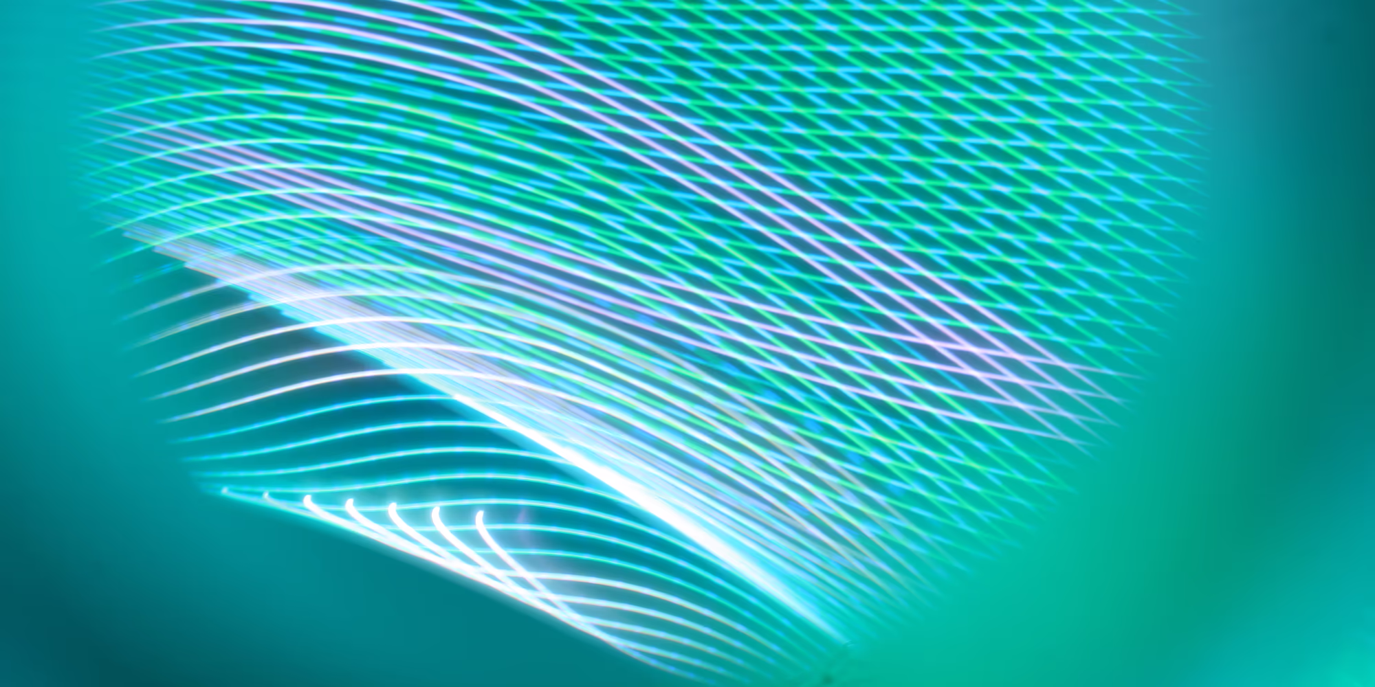 Glowing abstract cyan and white grid lines curving against a teal background
