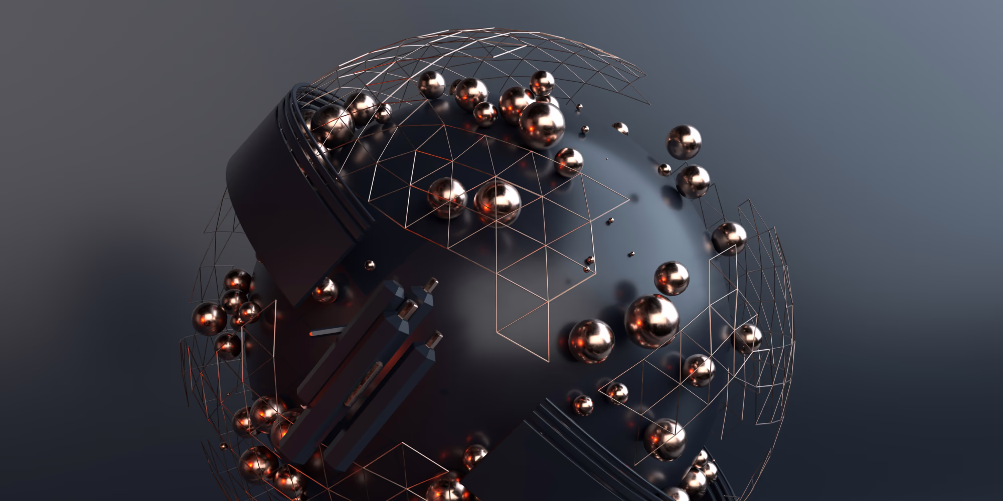 Abstract dark sphere with smaller bronze spheres. 