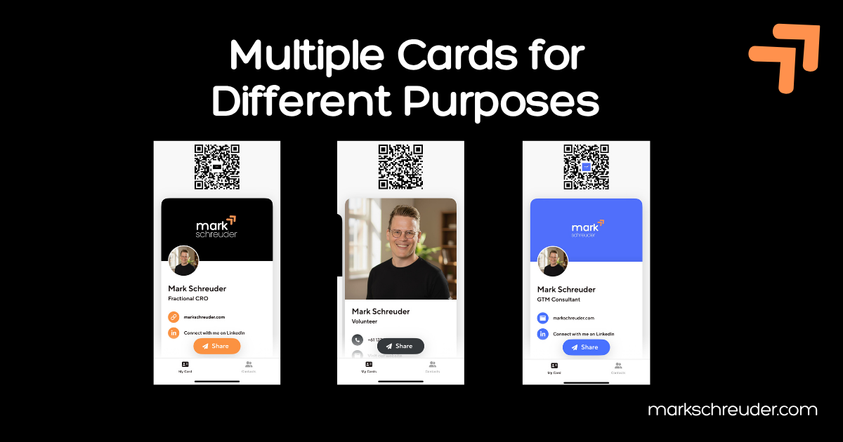 Digital business card platform showing ability to create multiple cards for main job side business and personal networking