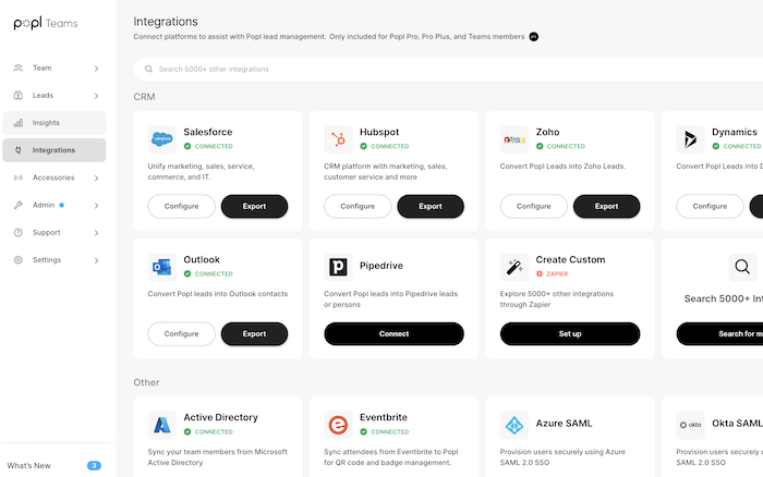 Popl Teams admin dashboard showing their wide range of integrations including CRM and Active Directory