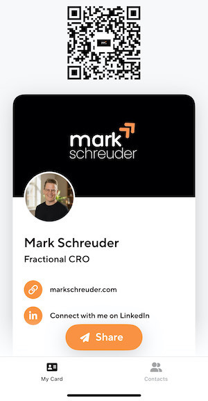 Blinq digital business card mobile app interface displaying QR code for instant contact sharing