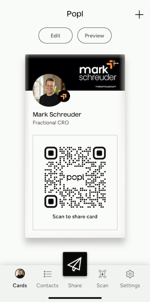 Popl digital business card app showing QR code and profile with contact sharing features