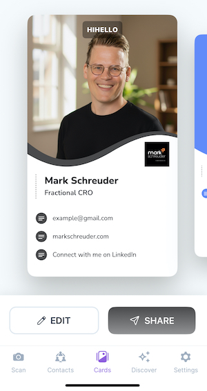 HiHello digital business card app displaying QR code and contact management interface