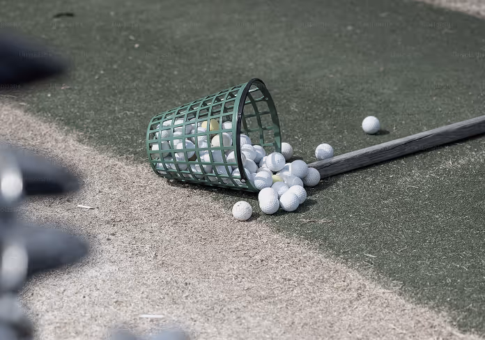 Green basket tipped over on artificial turf with several white golf balls spilling out and a golf club lying next to it.