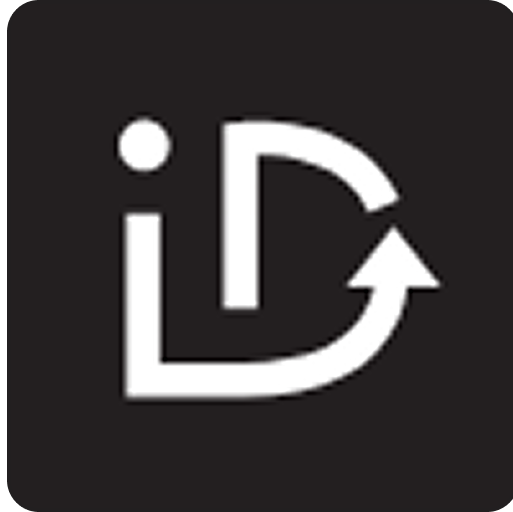 White stylized letter D with arrow forming a loop on a black rounded square background.