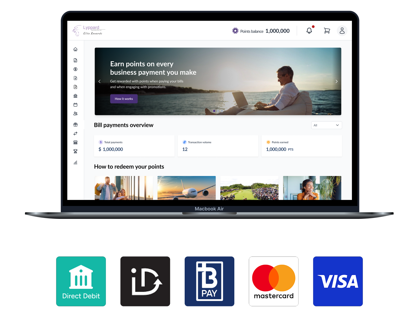 Laptop screen showing a rewards points dashboard with payment stats and logos for Direct Debit, Mastercard, and Visa