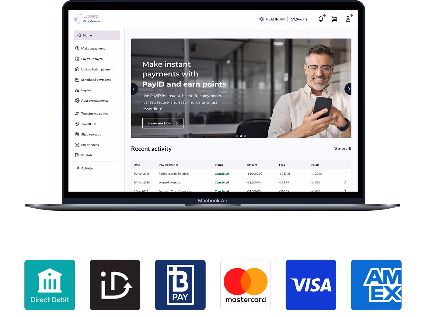 Laptop screen showing Lyppard Elite Rewards site with payments menu and payment method logos below.
