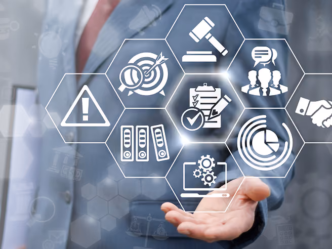 Hand gestures toward floating icons for business, law, teamwork, analytics, and documentation.