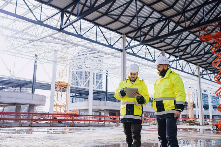 Two men in hard hats and high-vis jackets inspect a commercial construction site for fire safety.