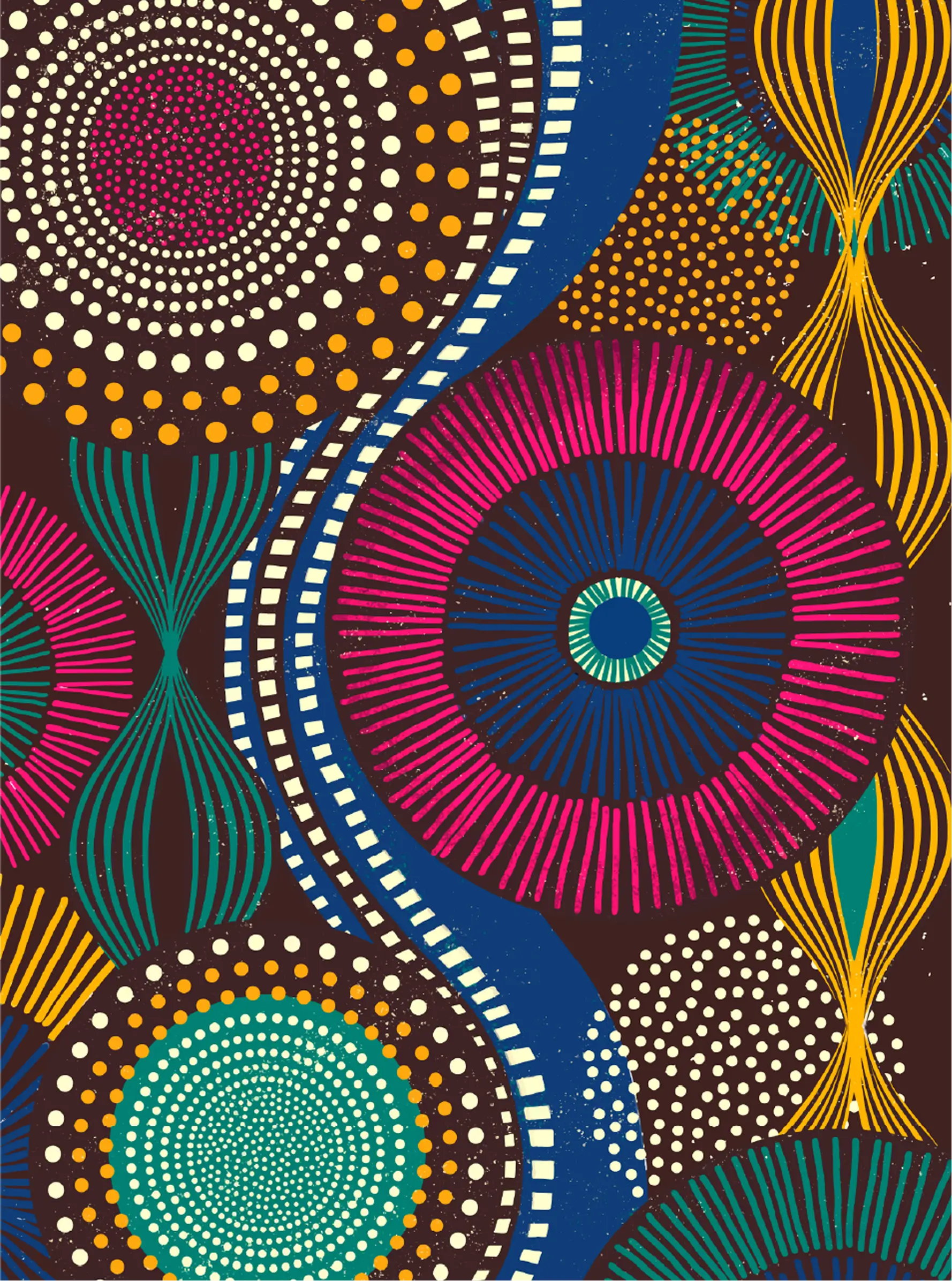 Colorful abstract pattern with concentric circles, dotted spirals, and curved lines in pink, teal, yellow, white, and blue on a dark background.