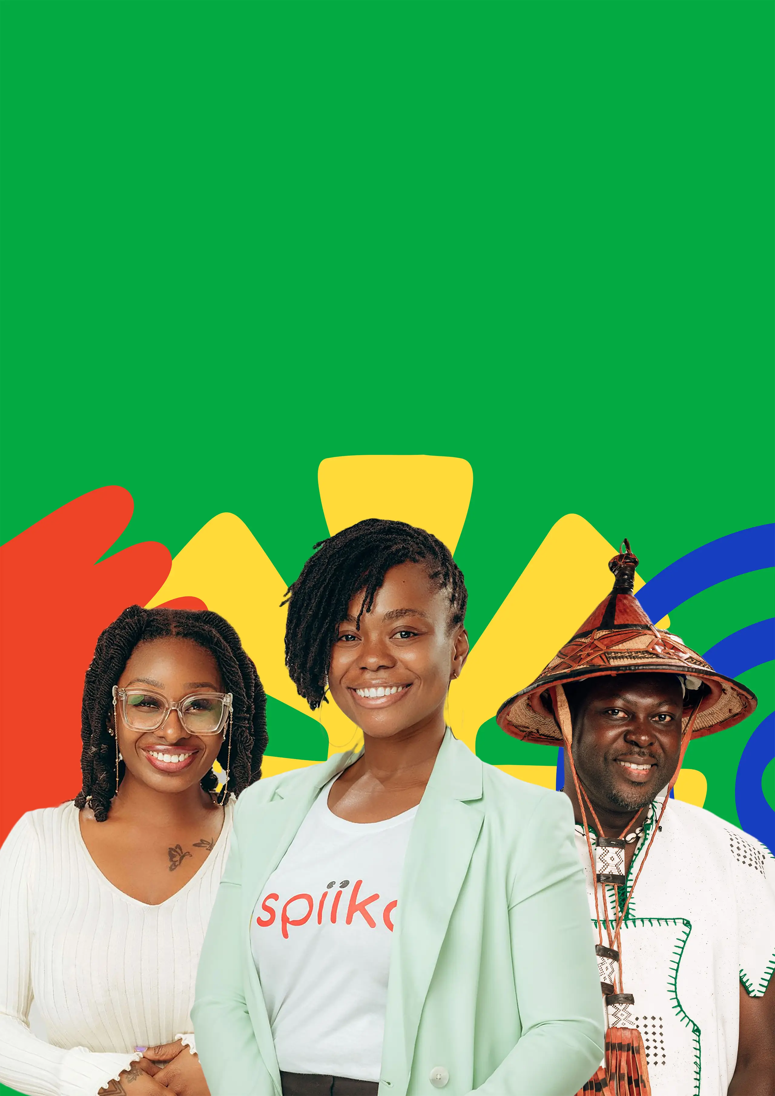 Three smiling people standing side by side with colorful abstract shapes in the background.