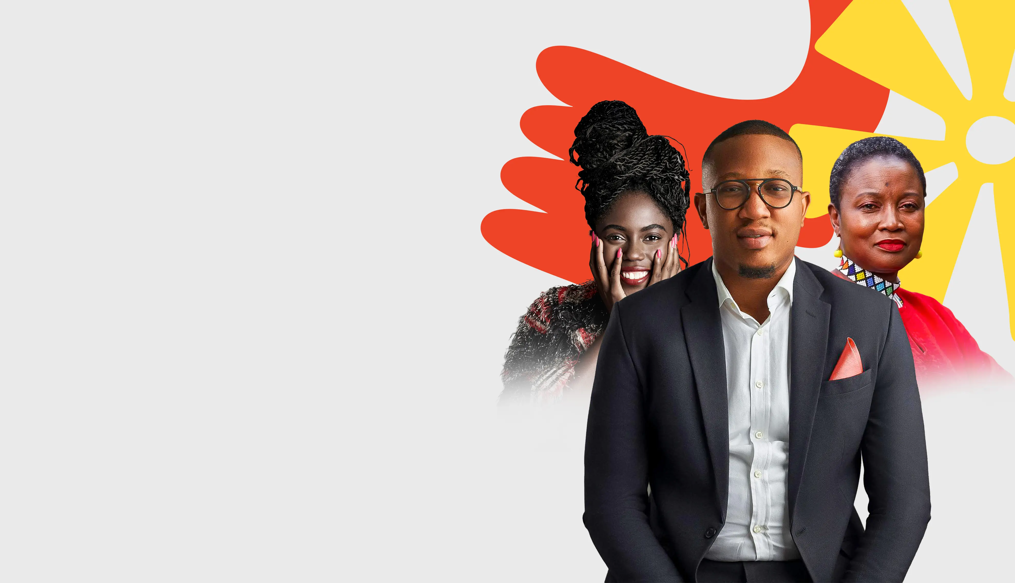 Portrait of three diverse professionals, one man in a suit with glasses in front and two smiling women behind with colorful abstract shapes.