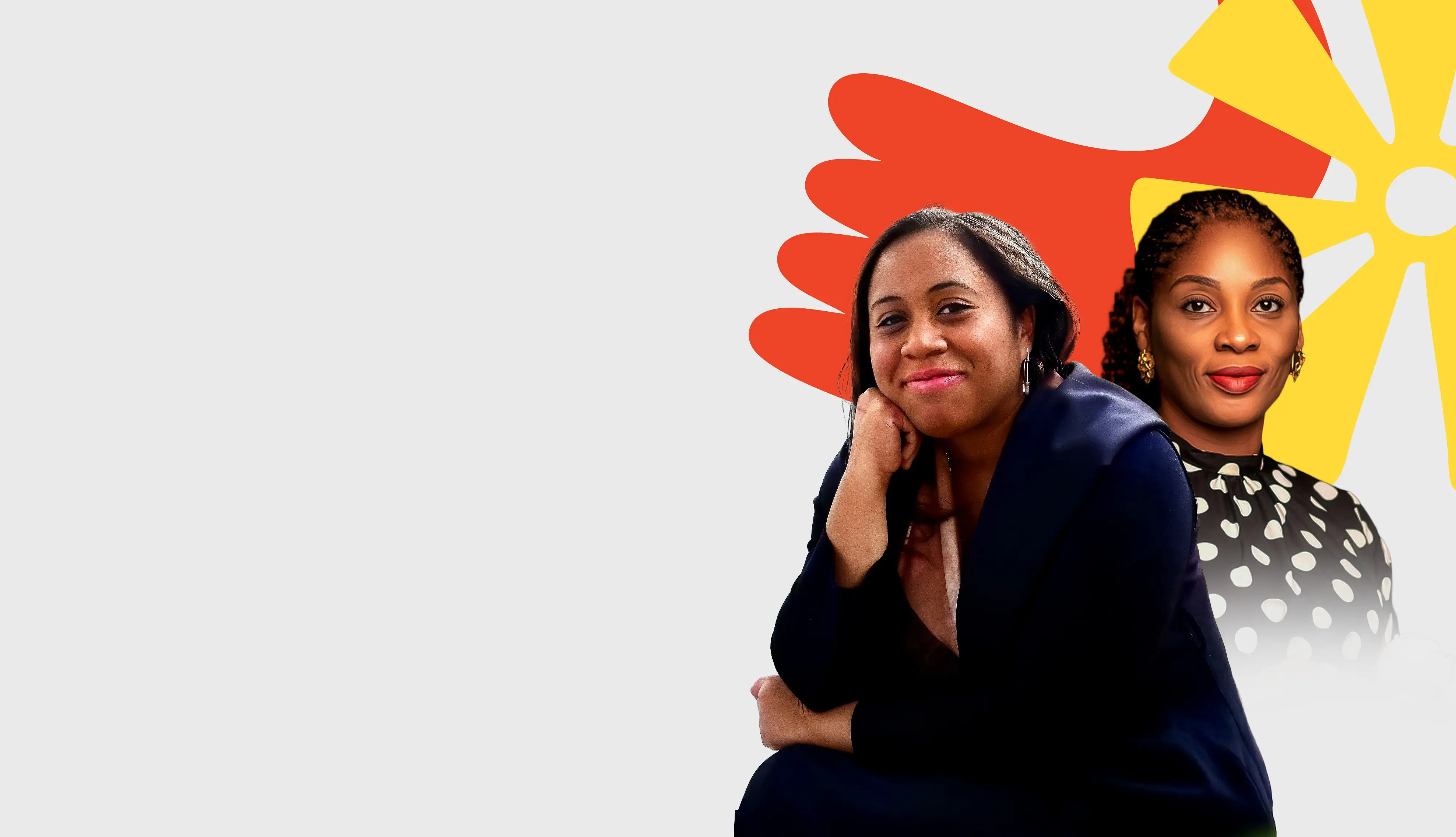 Two professional women posing against a light background with red and yellow abstract shapes.