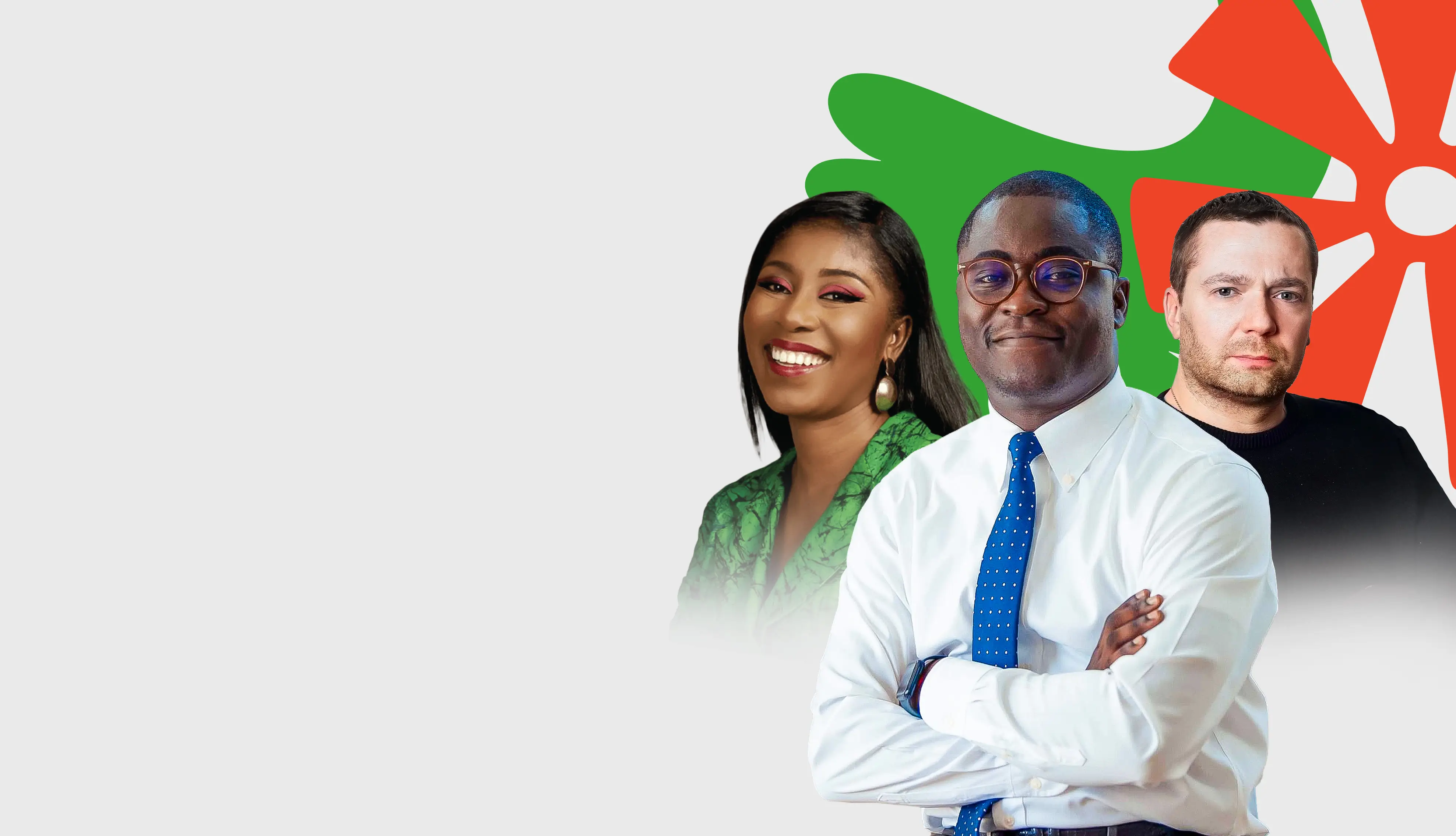 Three diverse professionals smiling, with a green and red flower-like graphic behind them on a light gray background.