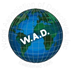 Globe terrestre avec texte W.A.D. au centre et inscription World Association of Detectives contournant le globe.
